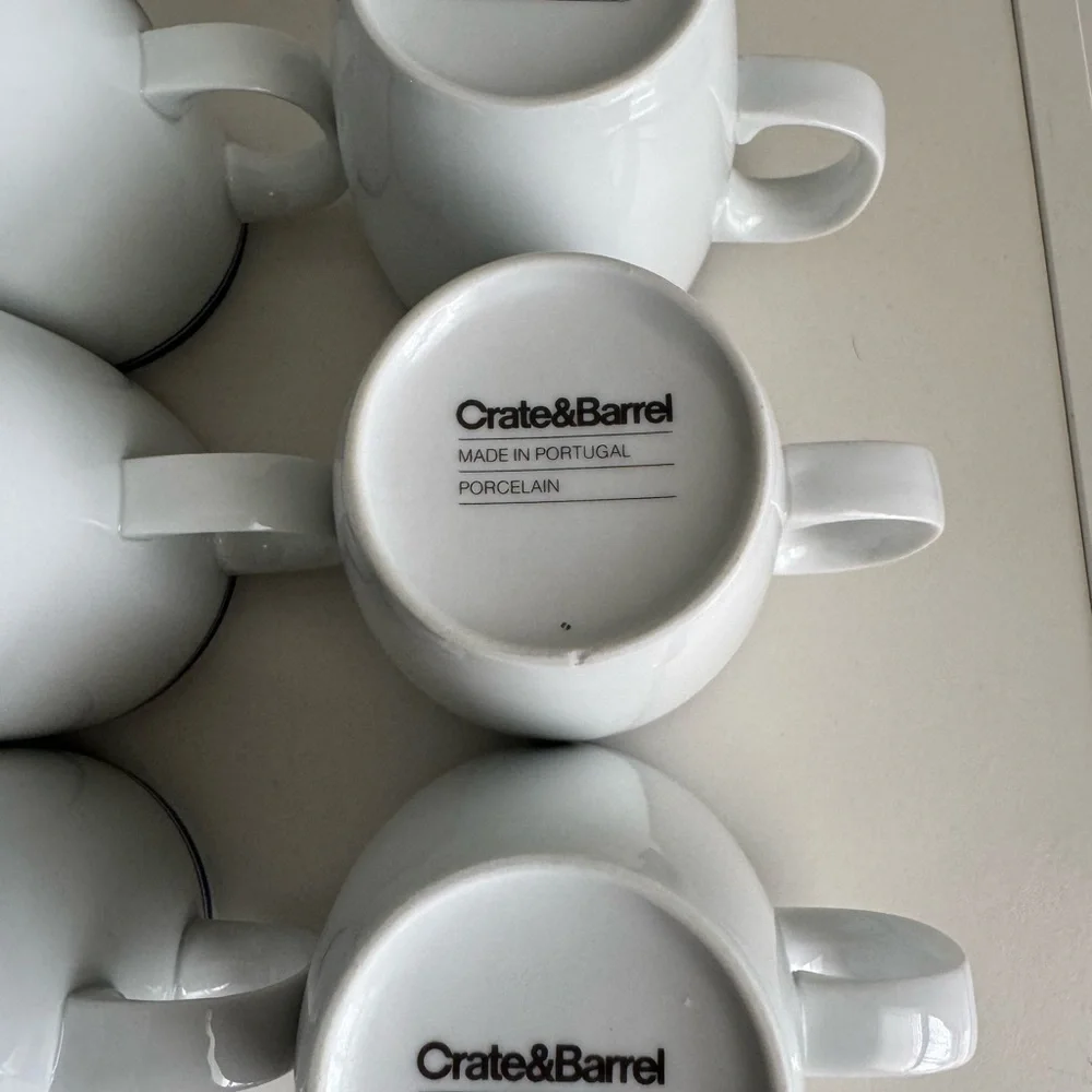 6 Brasserie by Crate & Barrel Porcelain Mugs White, Dark Blue Band, Pinstripe
